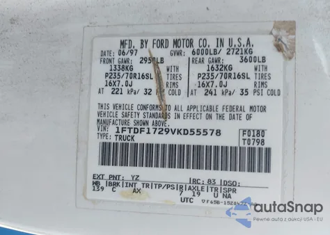 1997 Ford F-150 Standard/Xl/Xlt z USA, uszkodzony, nr VIN 1FTDF1729VKD55578